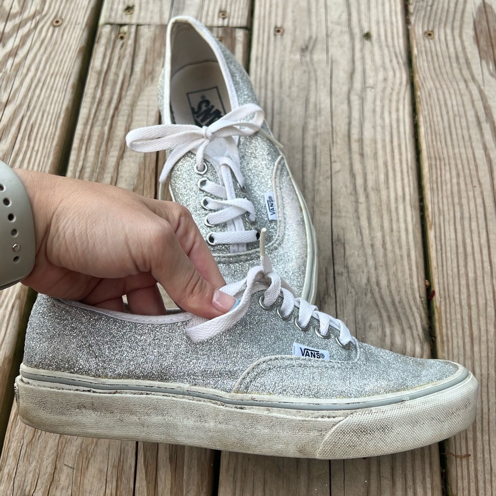 vans | men’s 6.5 women’s 8 vans silver sparkly shoes - Picture 2 of 8